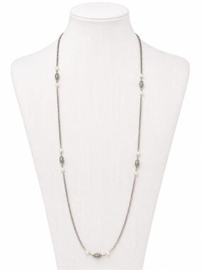 Vintage Sarah Coventry Pearl Necklace 26” Silver Filigree Double Wrap